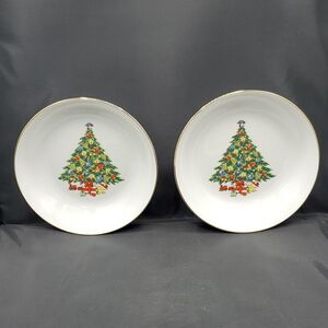 Jamestown China Christmas Tree Soup Cereal Bowl with Gold Trim 7 5" Set of 2